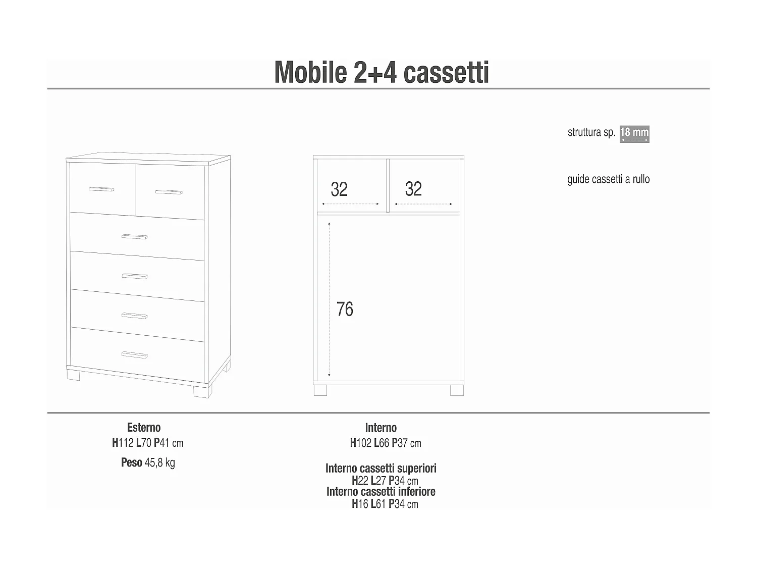 MilaniHome.it - cassettiera con 6 cassetti di design moderno cm 70 l x 41 p x 112 hdi coloreBianco