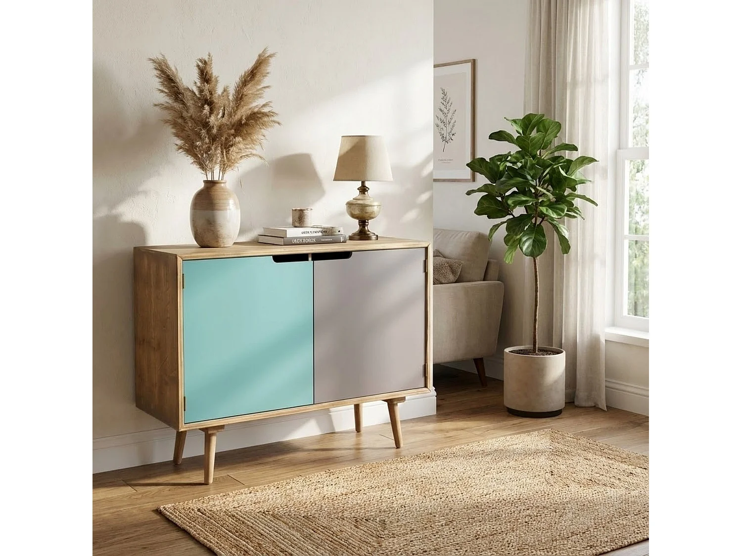 Milani Home - cassettiera mobiletto 2 ante in legno, multicolor, 80 x 36 x 67 cm, per camera, ingresso e salotto