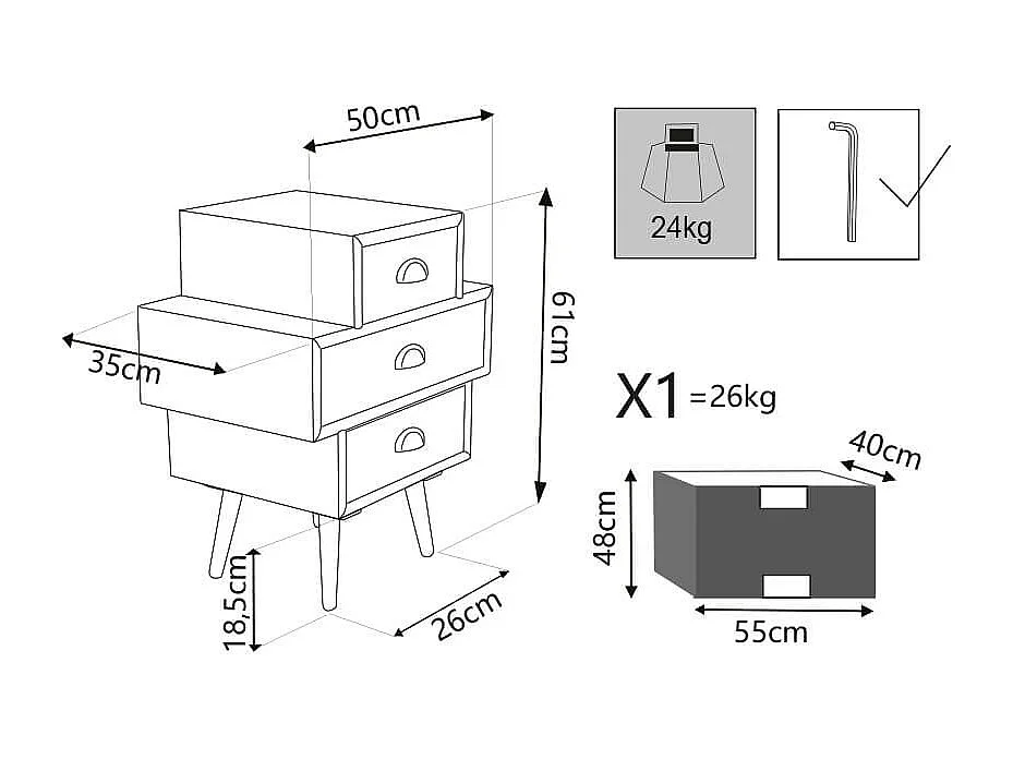 Milani Home - Mobiletto 3 Cassetti Colorati Stile Industriale Cm 50x35x49,50 H Per Interno Camera Cameretta Salotto Ingresso Ufficio - Multicolor