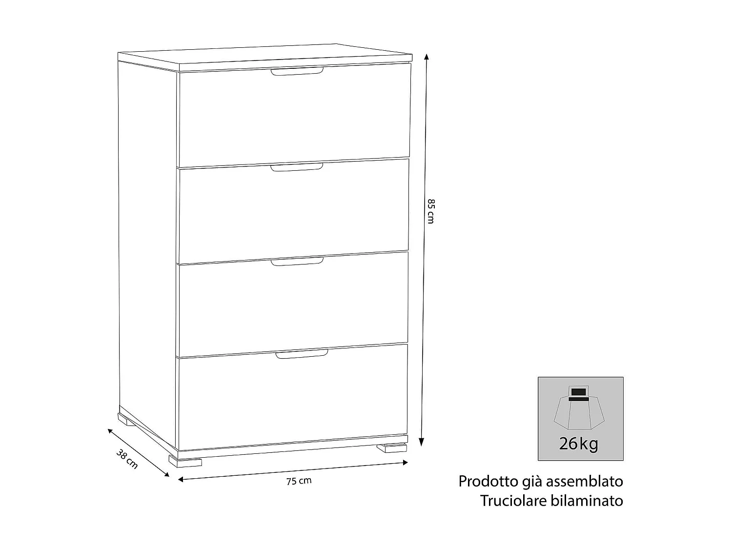 MilaniHome.it - cassettiera 4 cassetti per soggiorno cucina bagno fatto in Italia cm 75x38x85 hdi coloreBianco