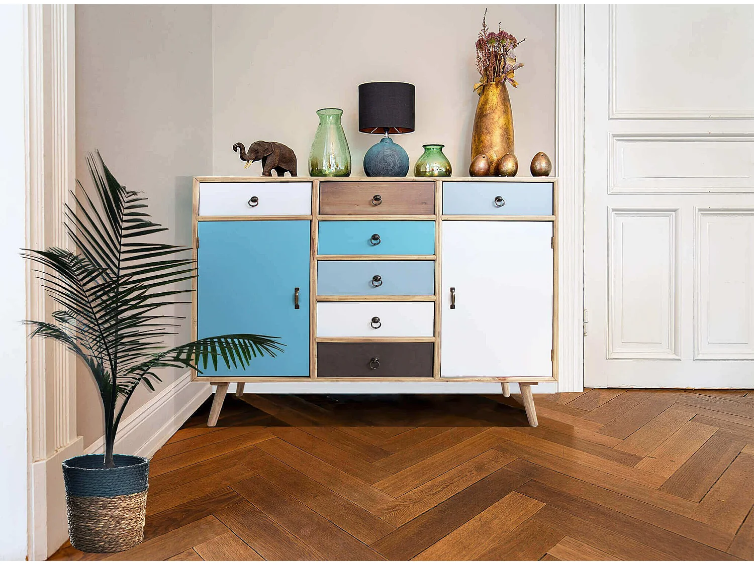 MilaniHome.it - Mobile 7 Cassetti E 2 Ante Colorati Stile Industriale Cm 100x35x90 H Per Interno Casa, Ufficio, Locale O Negoziodi coloreMulticolor