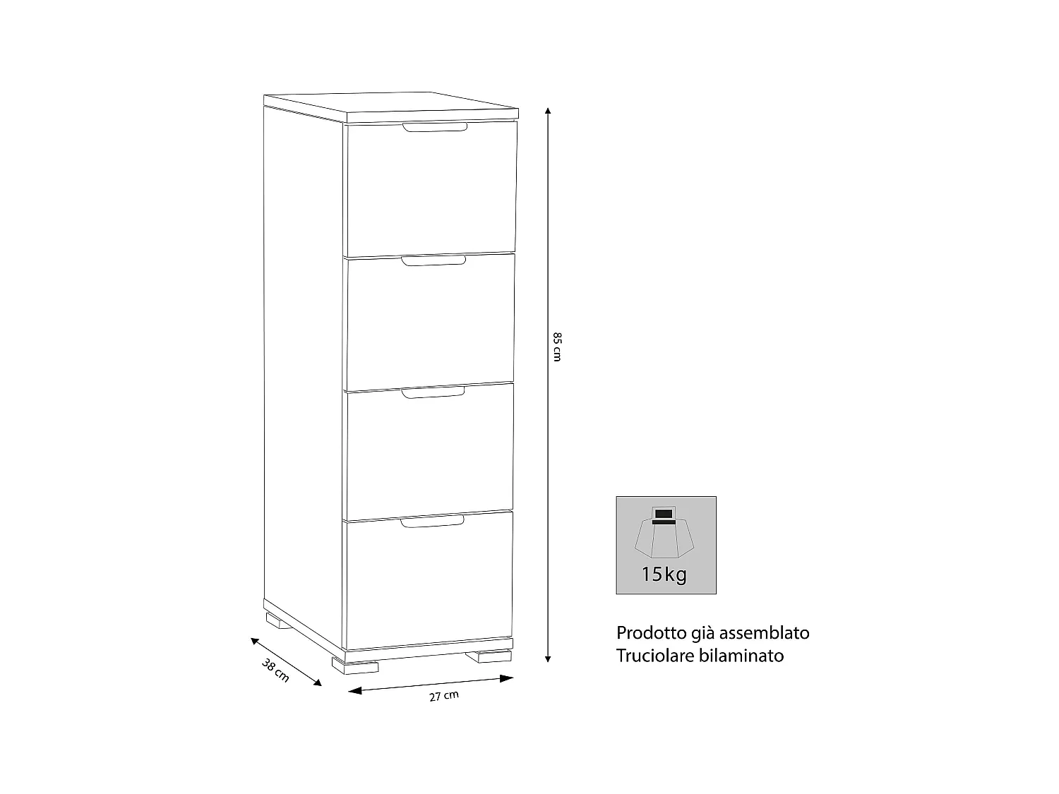 MilaniHome.it - cassettiera 4 cassetti per soggiorno cucina bagno fatto in Italia cm 27x38x85 hdi coloreRovere grigio