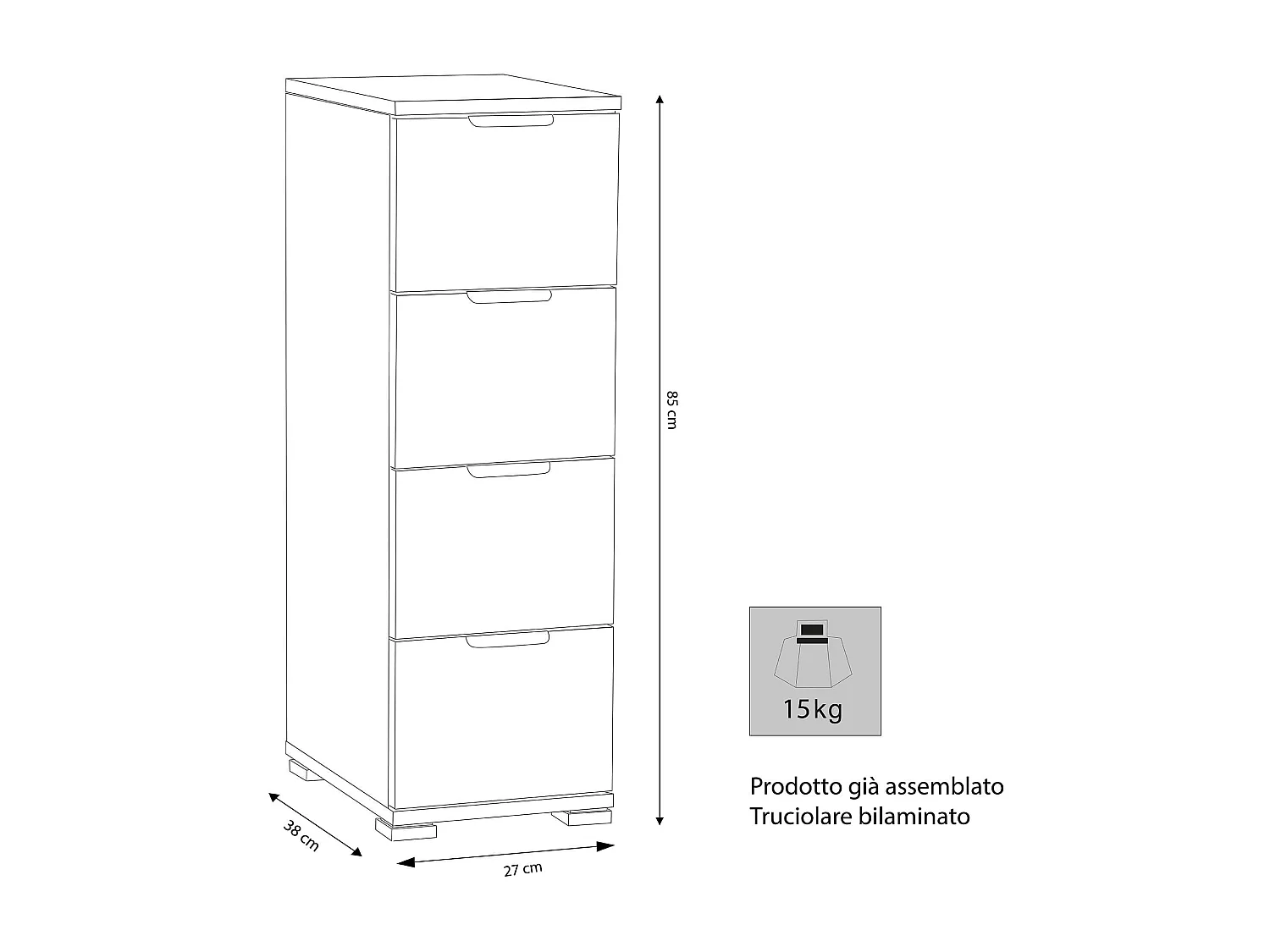 MilaniHome.it - cassettiera 4 cassetti per soggiorno cucina bagno fatto in Italia cm 27x38x85 hdi coloreRovere grigio