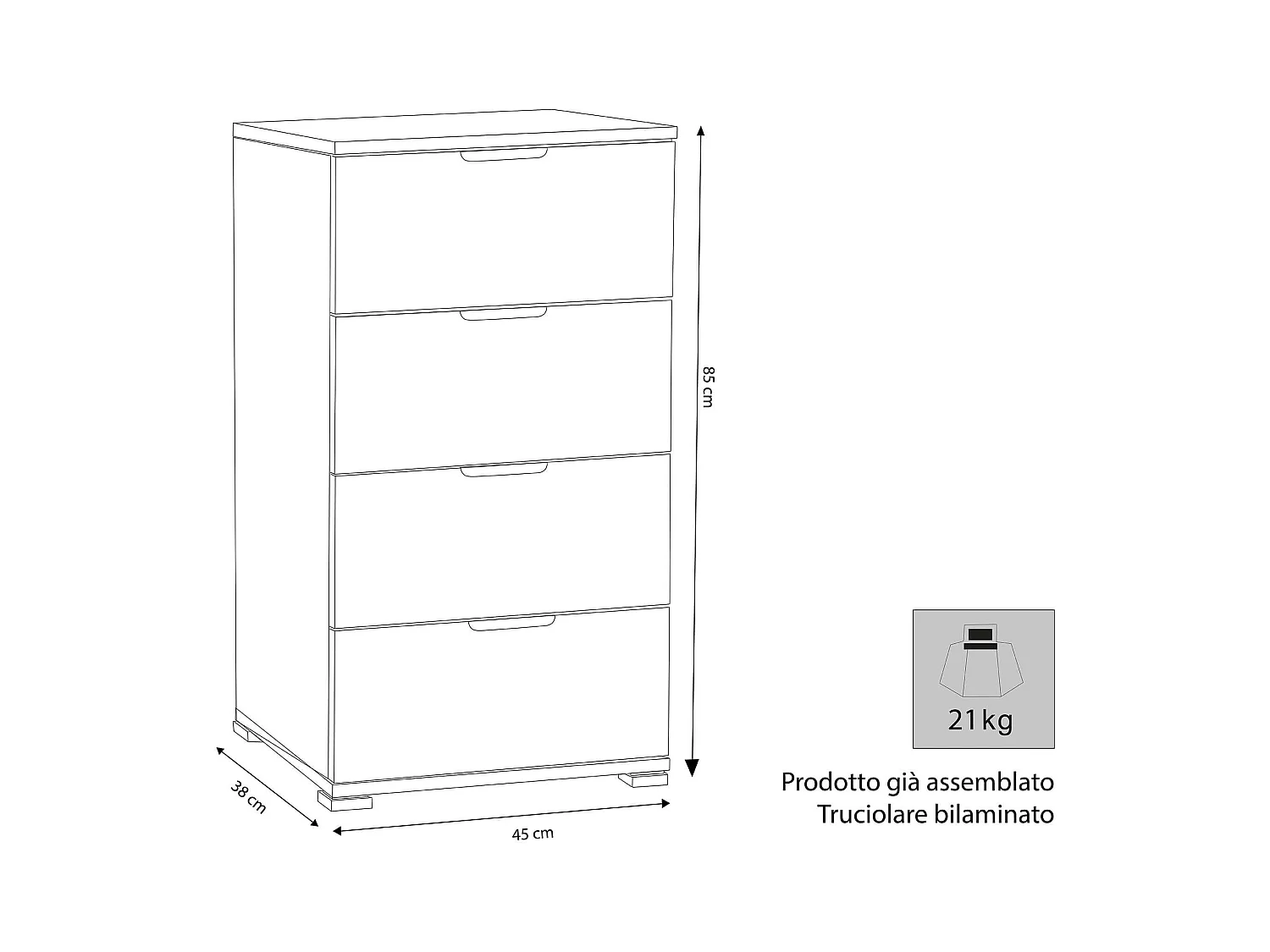 MilaniHome.it - cassettiera 4 cassetti per soggiorno cucina bagno fatto in Italia cm 45x38x85 hdi coloreRovere grigio