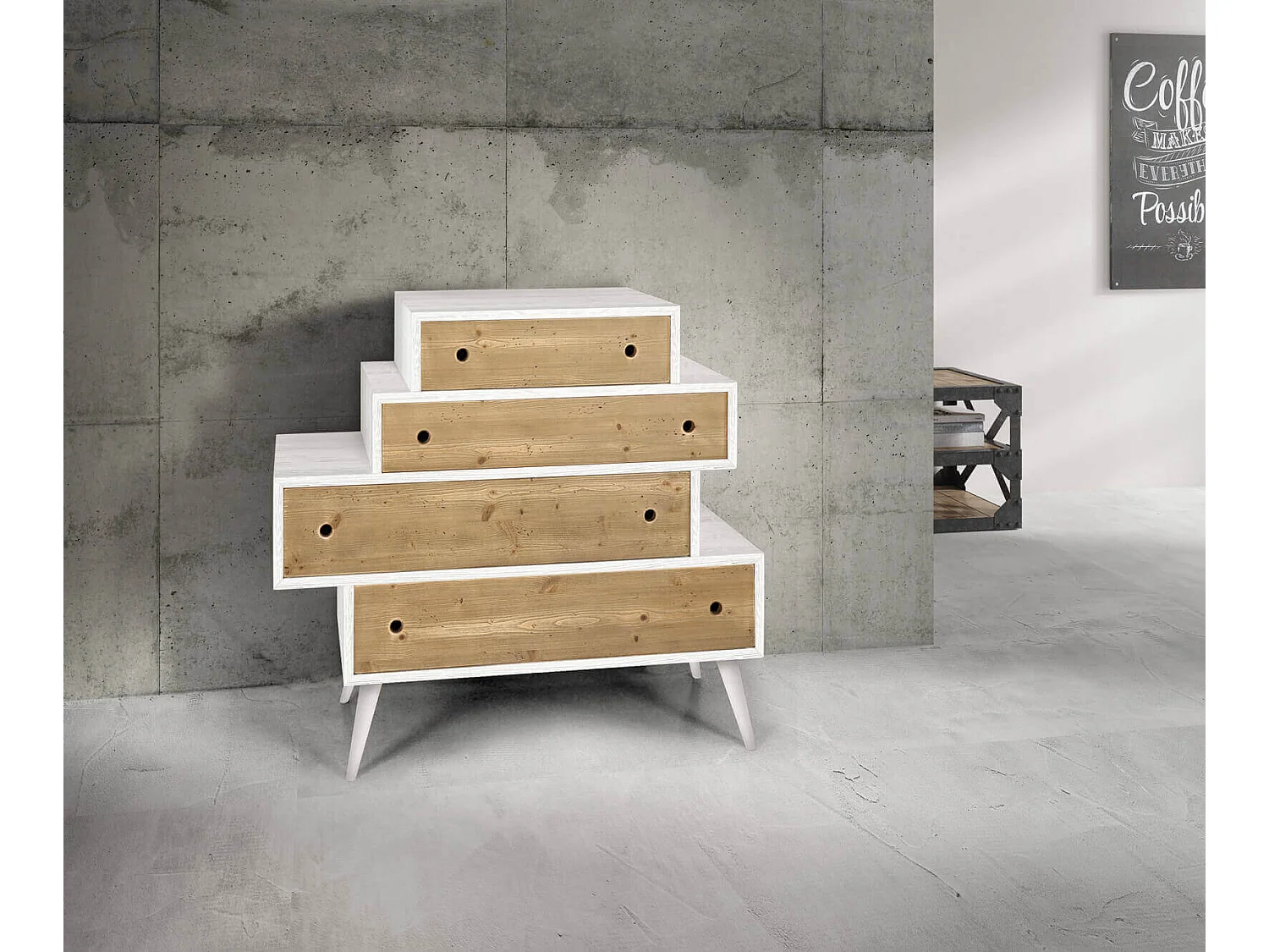 MilaniHome.it - Cassettiera Abete Spazzolato Cm 110x45x95 H Naturale E Bianco Per Soggiorno Salotto Camera Da Letto Studio Ufficiodi coloreBianco