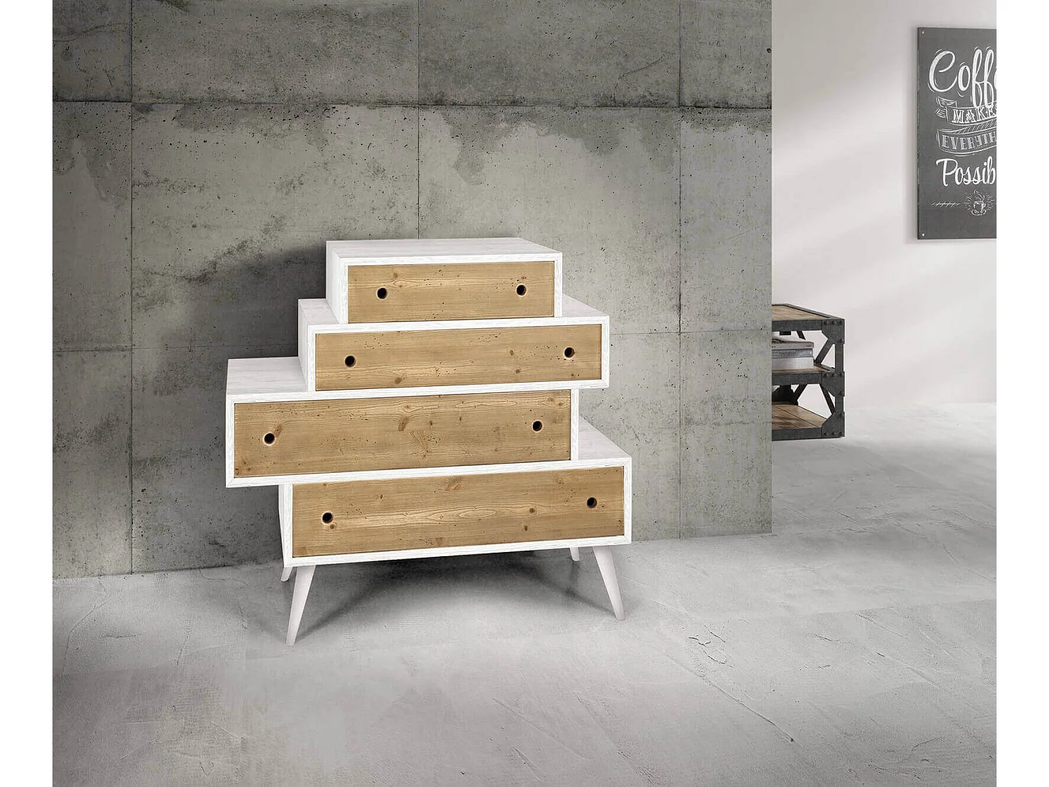 MilaniHome.it - Cassettiera Abete Spazzolato Cm 110x45x95 H Naturale E Bianco Per Soggiorno Salotto Camera Da Letto Studio Ufficiodi coloreBianco