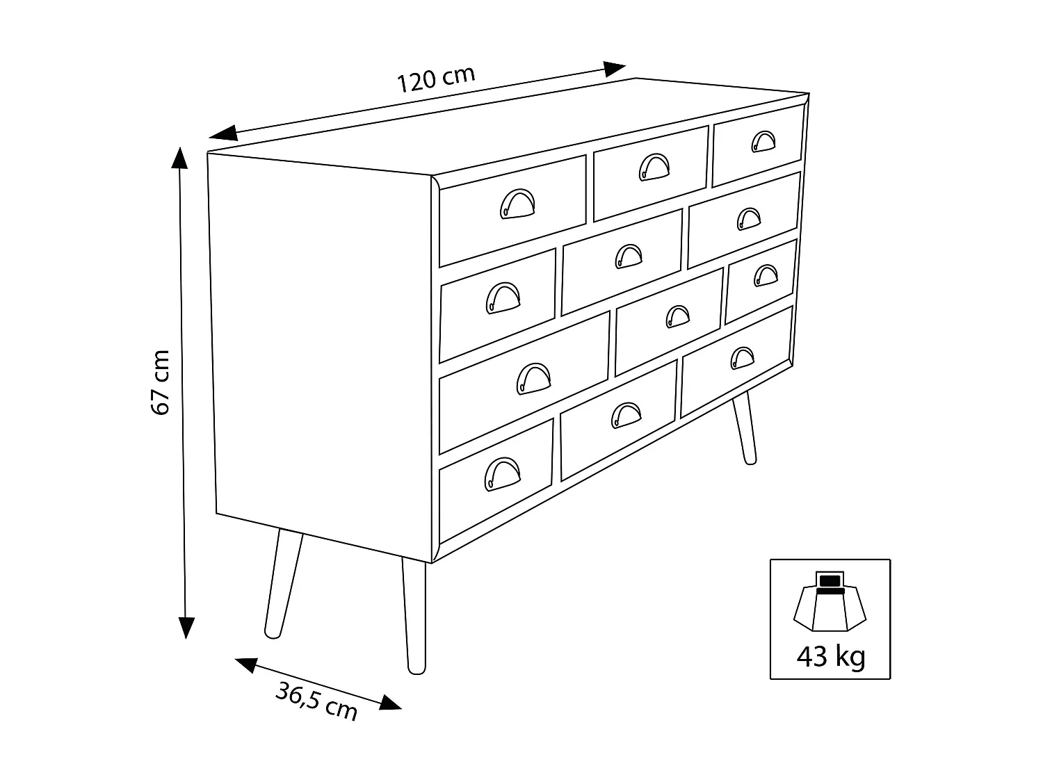 Milani Home - cassettiera 12 cassetti 120 x 37 x 67 cm, multicolor, legno d'abete