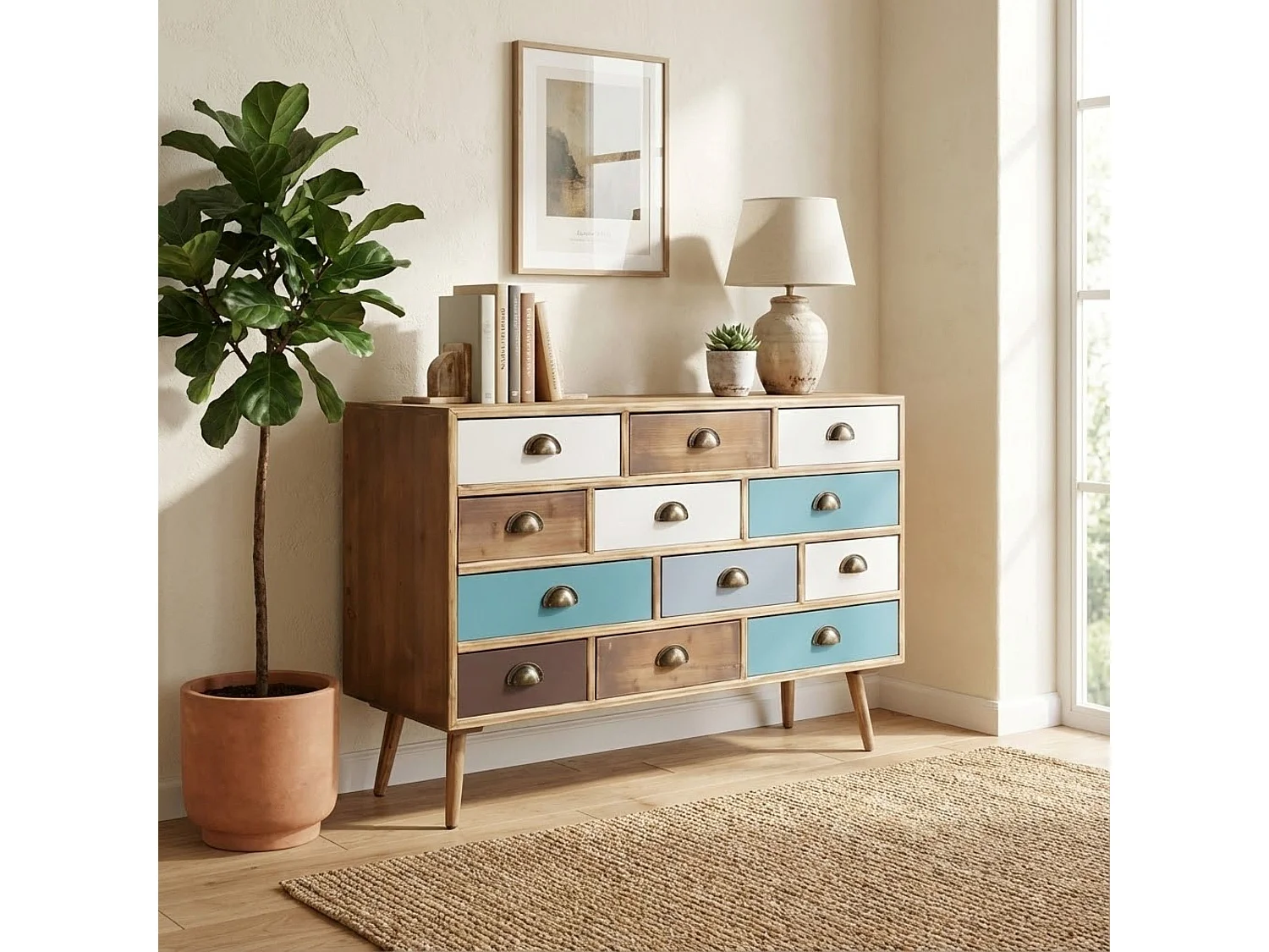 Milani Home - cassettiera 12 cassetti 120 x 37 x 67 cm, multicolor, legno d'abete