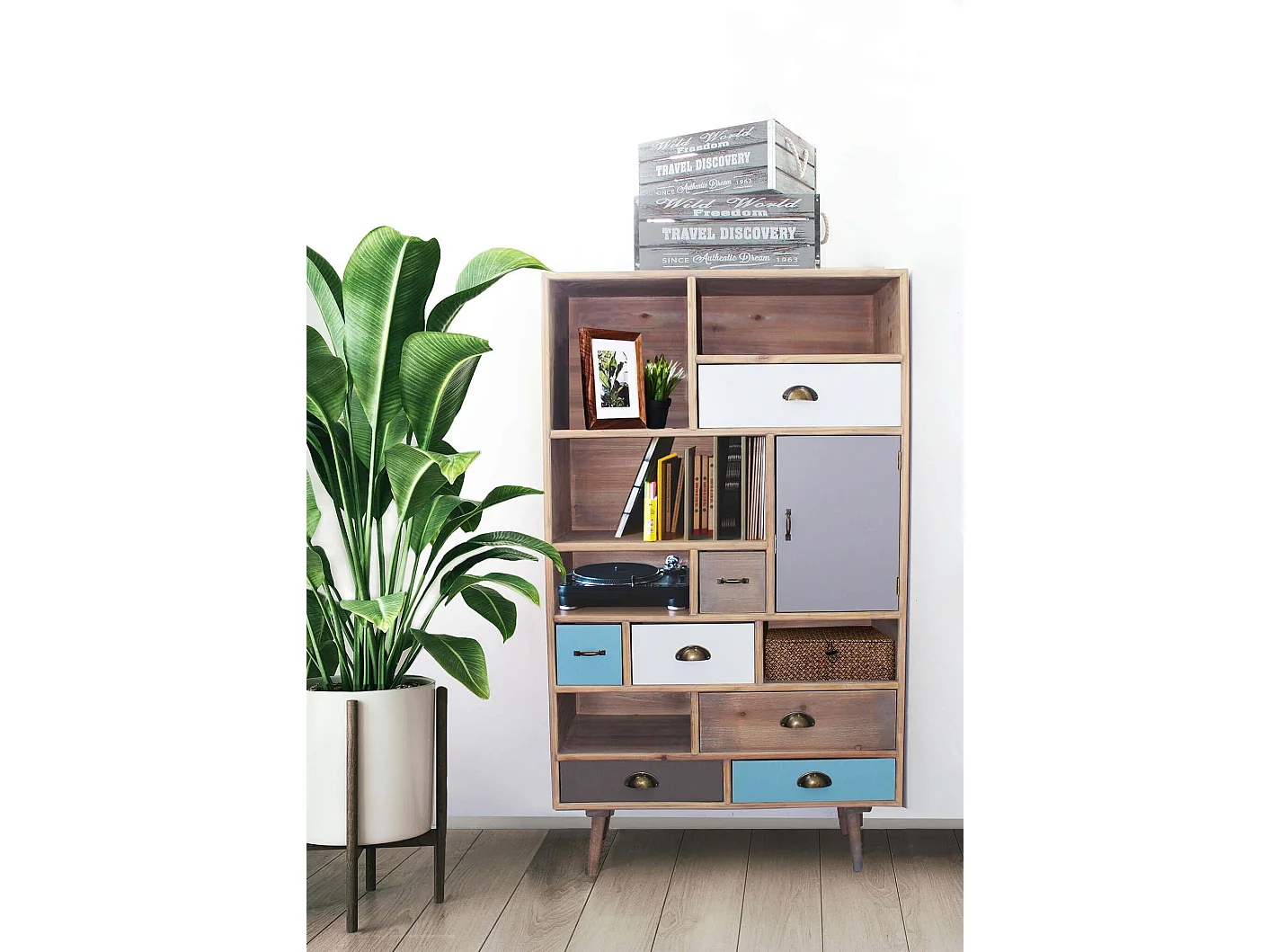 MilaniHome.it - Mobile 6 Ripiani 1 Anta 7 Cassetti Colorati Cm 80x36,5x139 H Per Interno Camera Cameretta Salotto Ingressodi coloreMulticolor