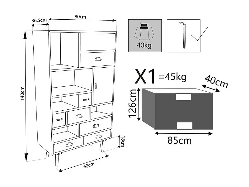 MilaniHome.it - Mobile 6 Ripiani 1 Anta 7 Cassetti Colorati Cm 80x36,5x139 H Per Interno Camera Cameretta Salotto Ingressodi coloreMulticolor