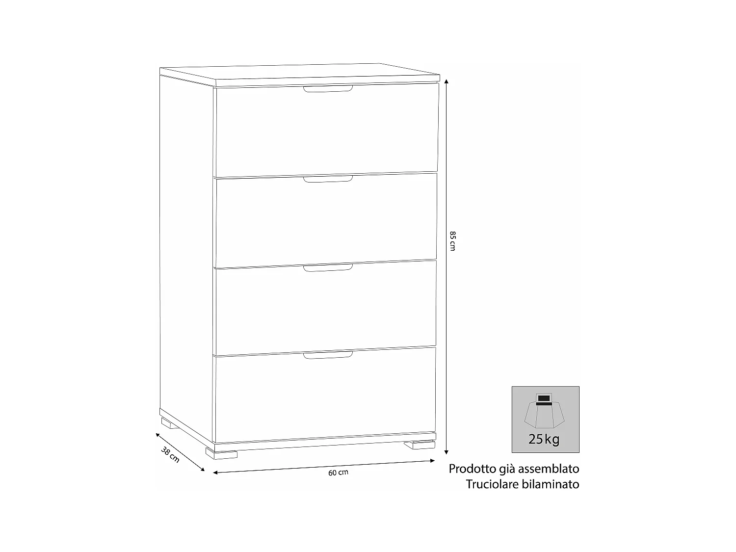 MilaniHome.it - cassettiera 4 cassetti per soggiorno cucina bagno fatto in Italia cm 60x38x85 hdi coloreRovere grigio