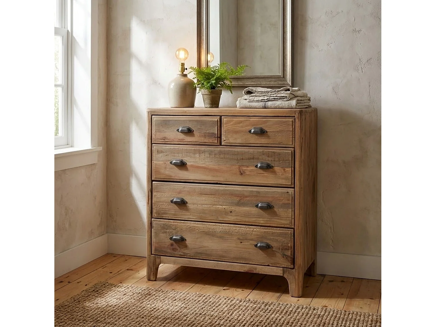 Milani Home - cassettiera 5 cassetti 90 x 48 x 100 cm, pino riciclato naturale, legno invecchiato