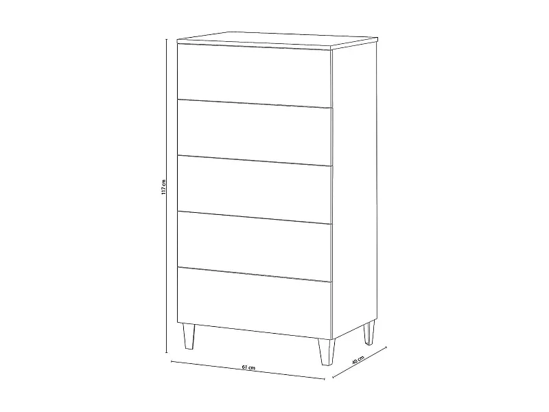 Chiffonnier en bois couleur blanc brillant avec 5 tiroirs - Longueur 61 x Hauteur 117 x Profondeur 40 cm