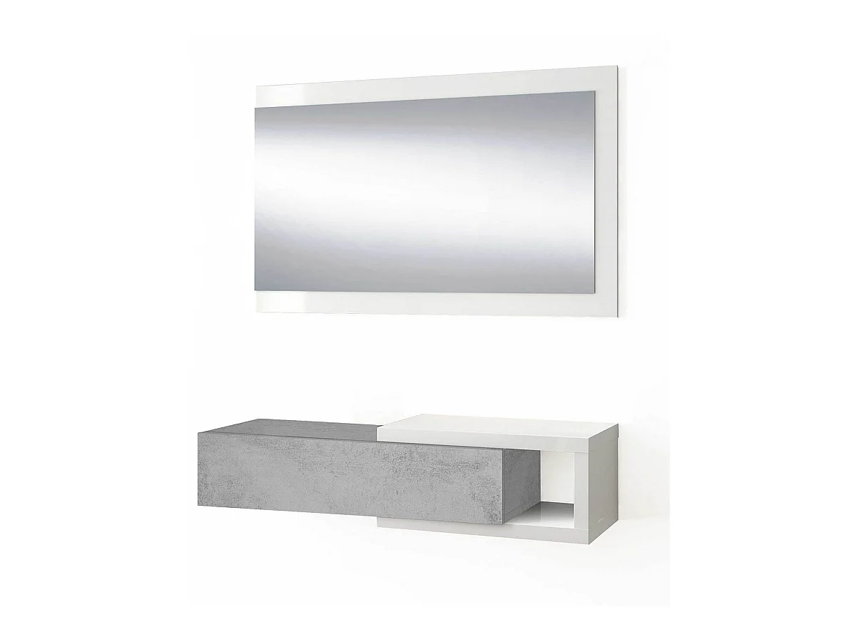 Meuble d'Entrée réversible avec Miroir et 1 Tiroir couleur blanc artic / gris ciment - Longueur 95 x Hauteur 19 x Profondeur 26 cm