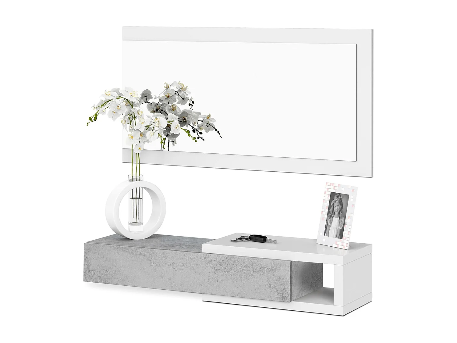 Meuble d'Entrée réversible avec Miroir et 1 Tiroir couleur blanc artic / gris ciment - Longueur 95 x Hauteur 19 x Profondeur 26 cm