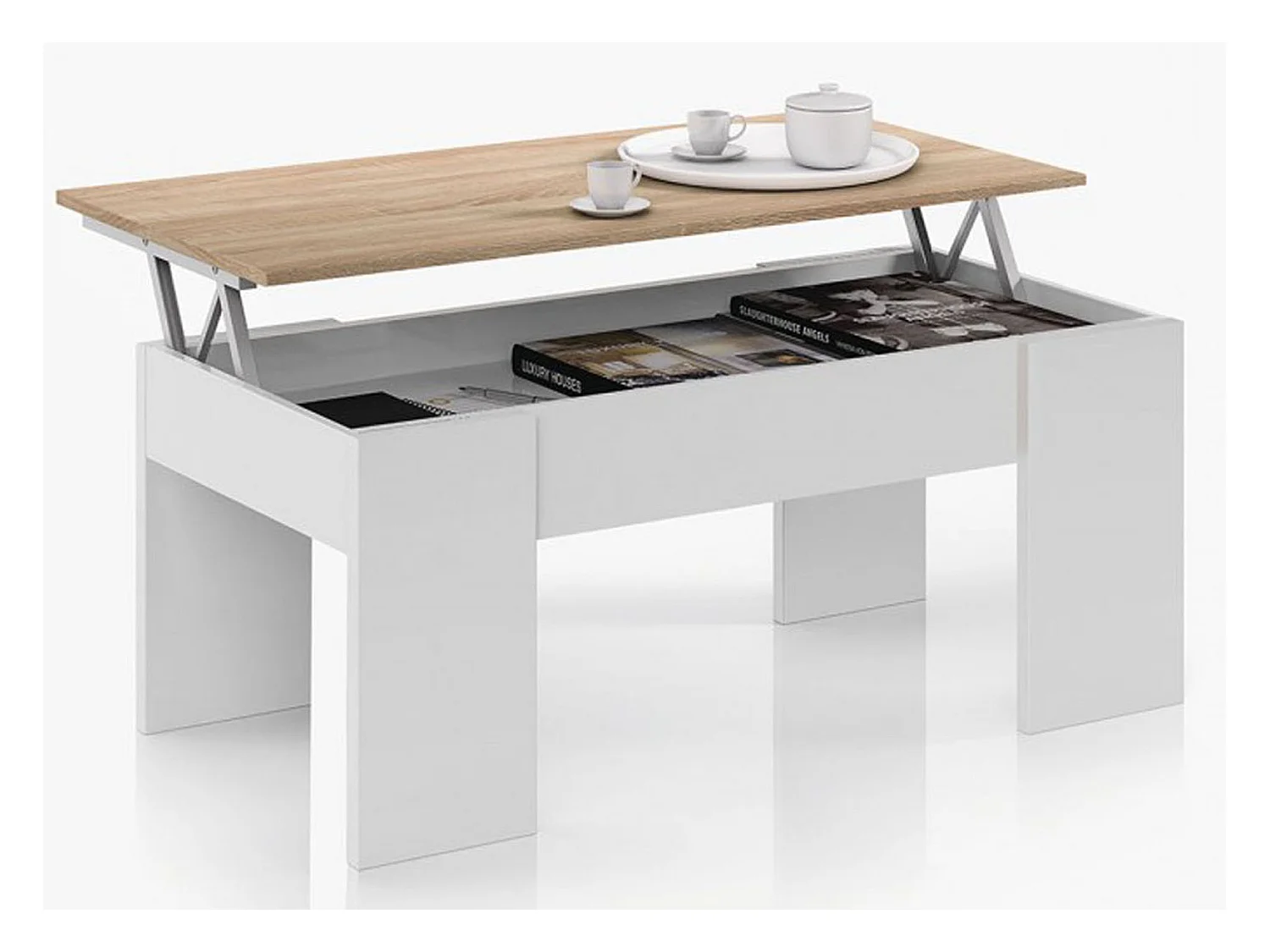 Table basse relevable en panneaux de particules couleur blanc artic/ chêne canadien -Longueur 100 x Hauteur 42 cm x Profondeur 50