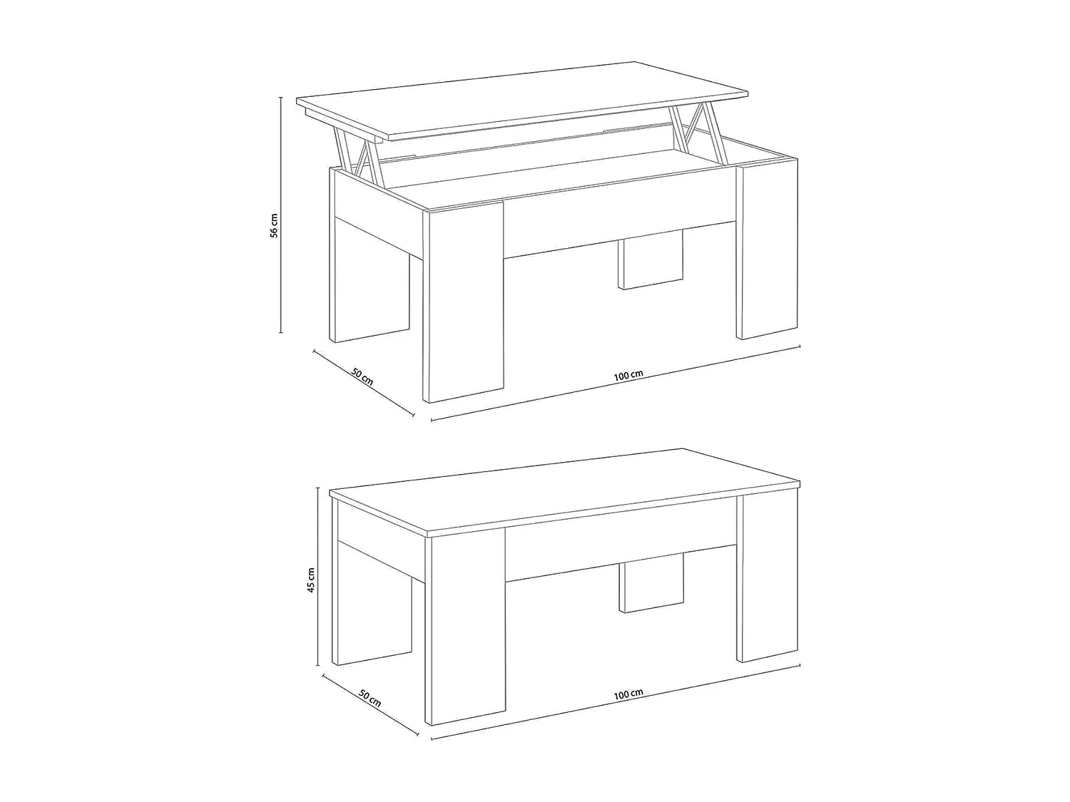 Table basse relevable en panneaux de particules couleur blanc artic/ chêne canadien -Longueur 100 x Hauteur 42 cm x Profondeur 50