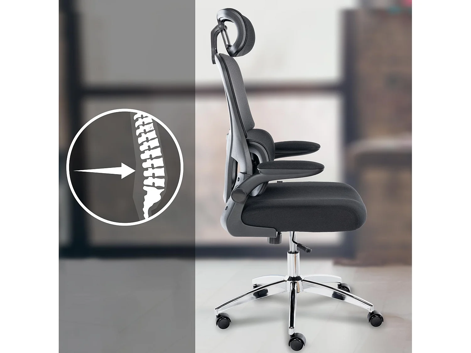 Chaise de bureau - Tissu & Métal chromé - Noir - Overton