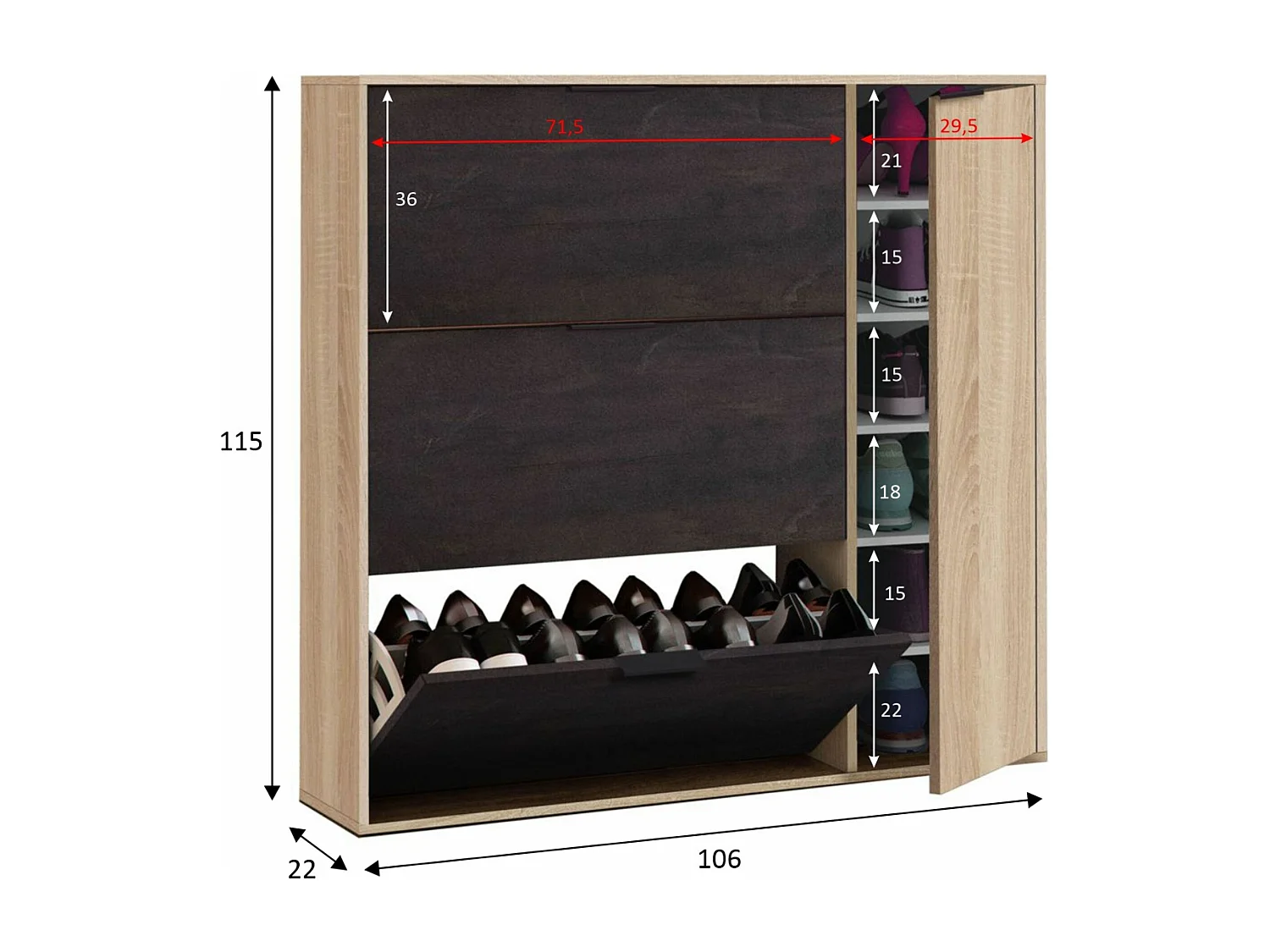 Meuble à chaussures avec 4 portes - Bois foncé et chêne