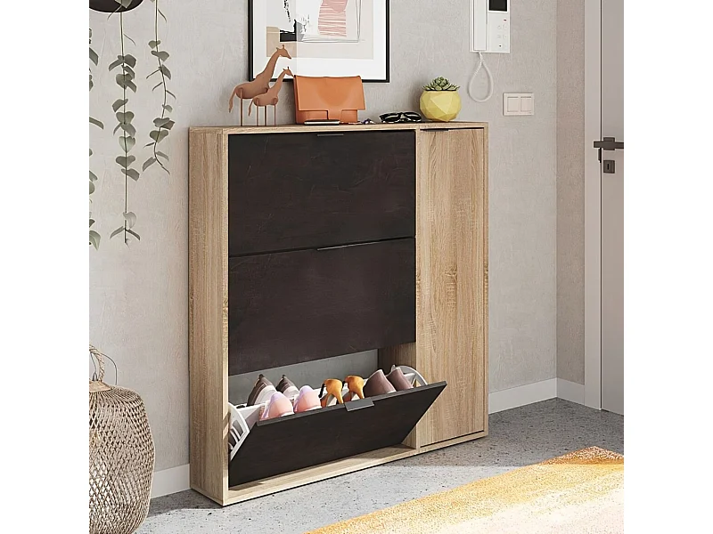 Meuble à chaussures avec 4 portes - Bois foncé et chêne