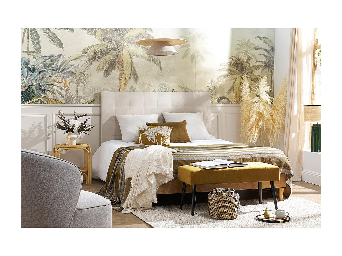 Suspension en lin beige et rabane naturelle L55 cm AZAMI