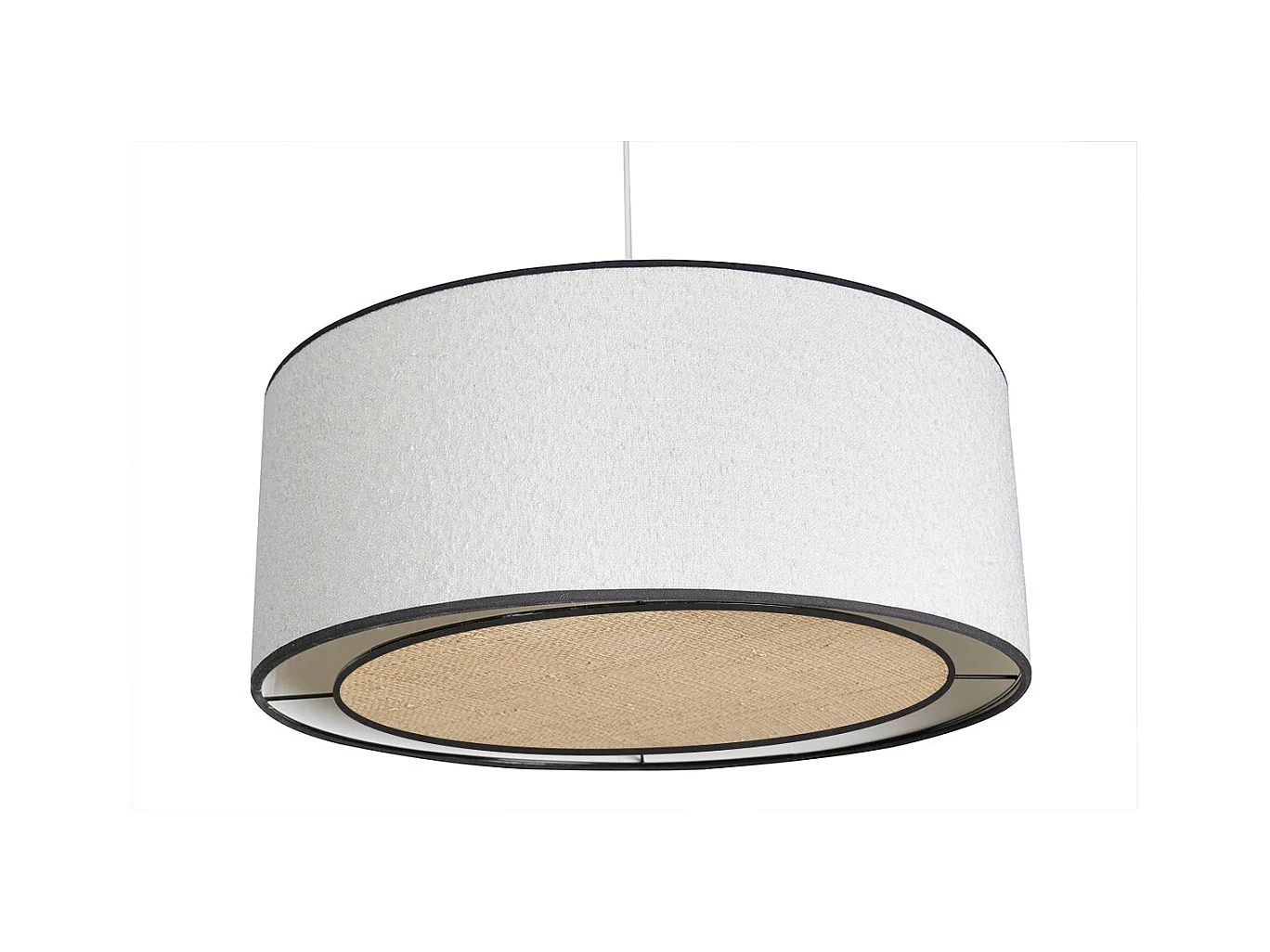 Hängeleuchte aus weißem Stoff mit Bouclé-Wolleffekt und naturfarbenem Bast D50 cm TRAVES