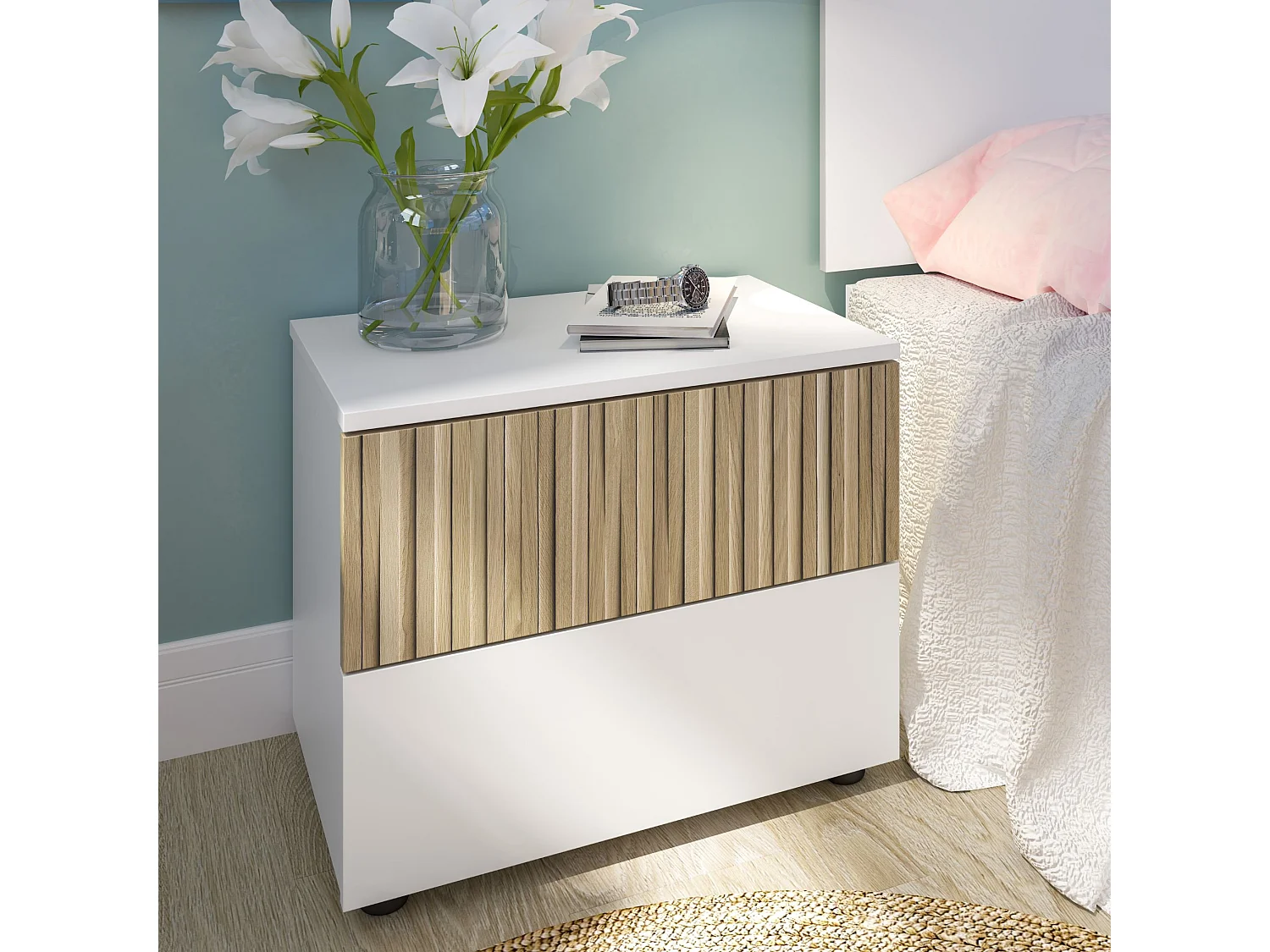 Chevet 2 tiroirs blanc et imprimé effet bois