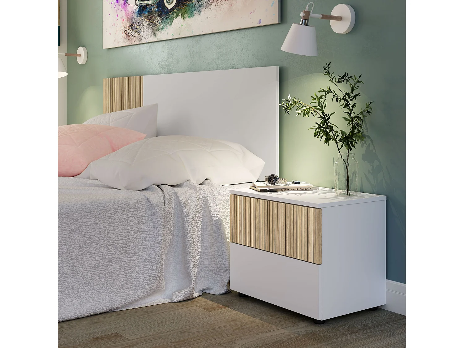 Chevet 2 tiroirs blanc et imprimé effet bois