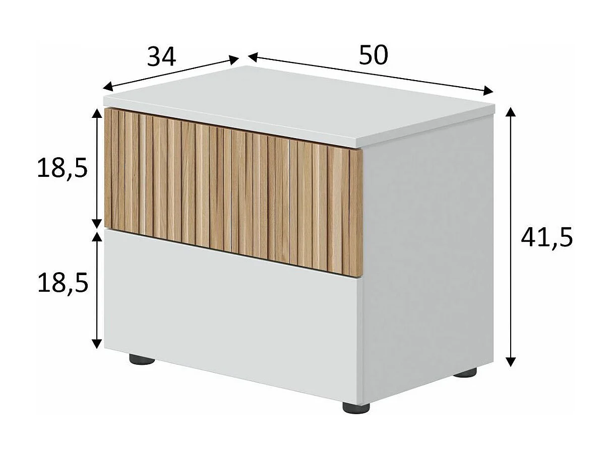 Chevet 2 tiroirs blanc et imprimé effet bois