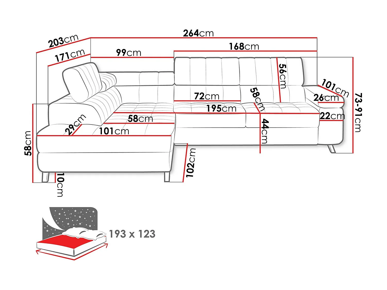 Sofá rinconero Comfivo 207, De color marrón claro, Función de descanso, Almacenaje, 264cm