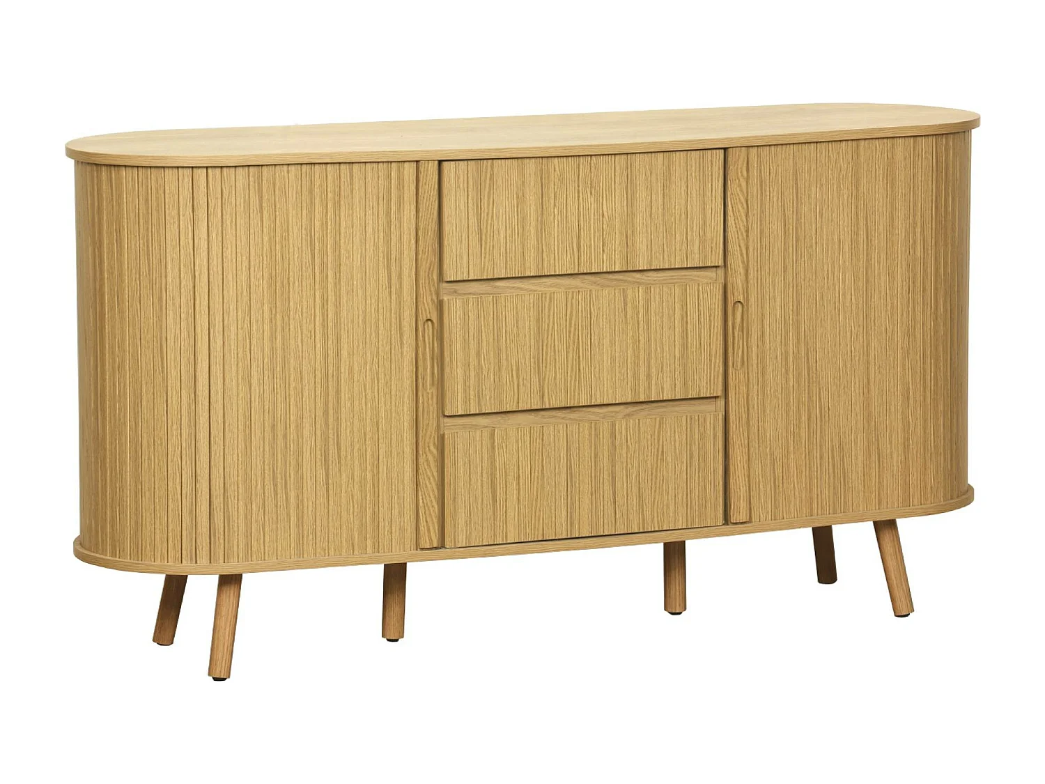 Buffet scandinave ovale 2 portes coulissantes. 4 compartiments. 3 tiroirs. décor bois rainuré. teinte naturelle. L 150 x P 40 x H 79cm
