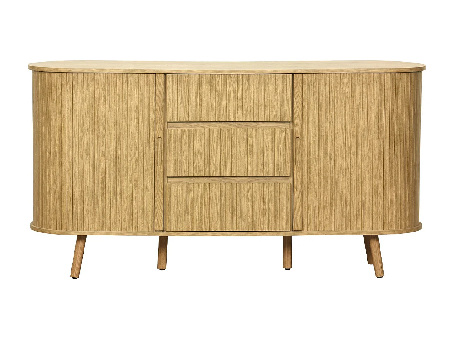 Buffet scandinave ovale 2 portes coulissantes. 4 compartiments. 3 tiroirs. décor bois rainuré. teinte naturelle. L 150 x P 40 x H 79cm