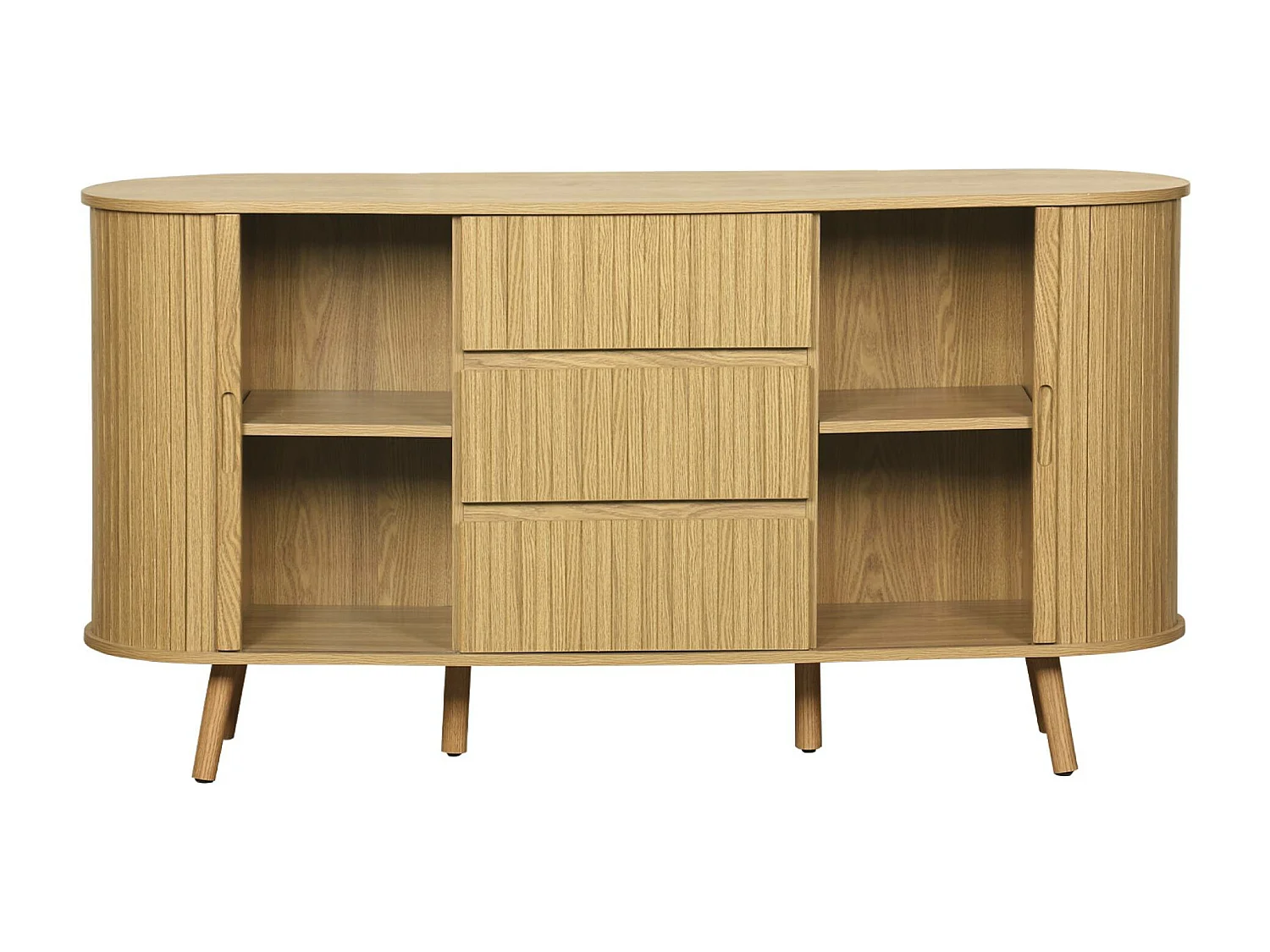 Buffet scandinave ovale 2 portes coulissantes. 4 compartiments. 3 tiroirs. décor bois rainuré. teinte naturelle. L 150 x P 40 x H 79cm