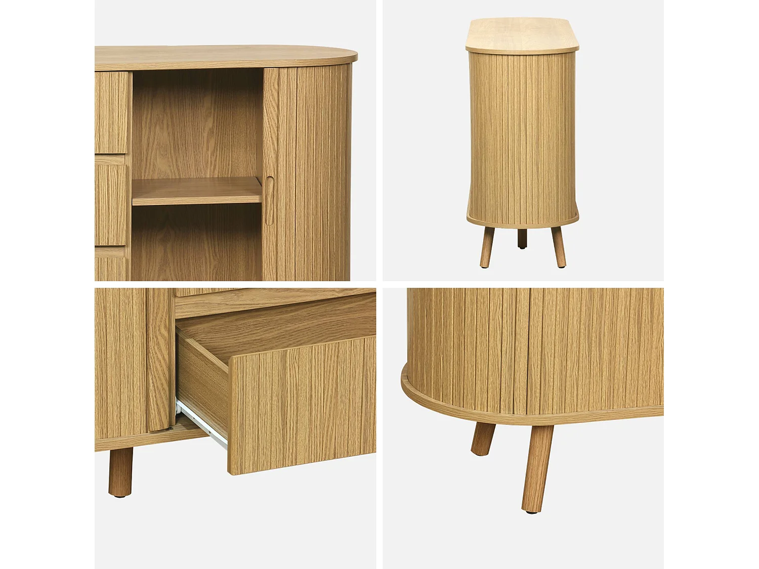 Buffet scandinave ovale 2 portes coulissantes. 4 compartiments. 3 tiroirs. décor bois rainuré. teinte naturelle. L 150 x P 40 x H 79cm