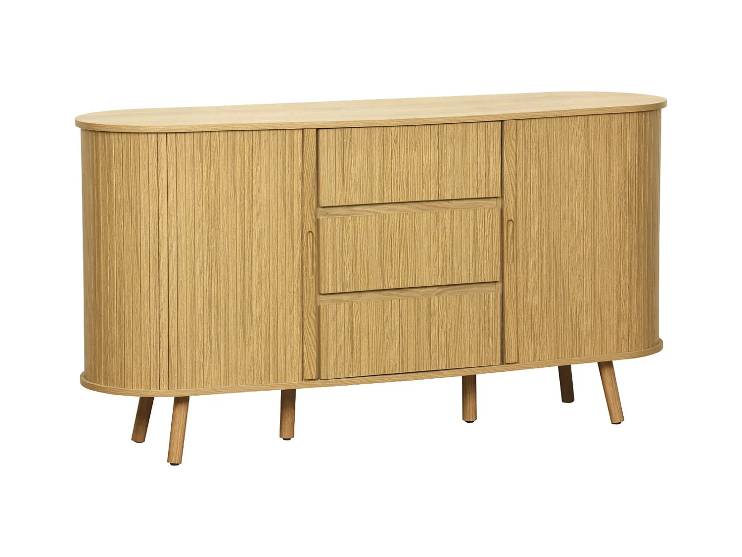 Buffet scandinave ovale 2 portes coulissantes. 4 compartiments. 3 tiroirs. effet bois rainuré. teinte naturelle. L 150 x P 40 x H 79cm