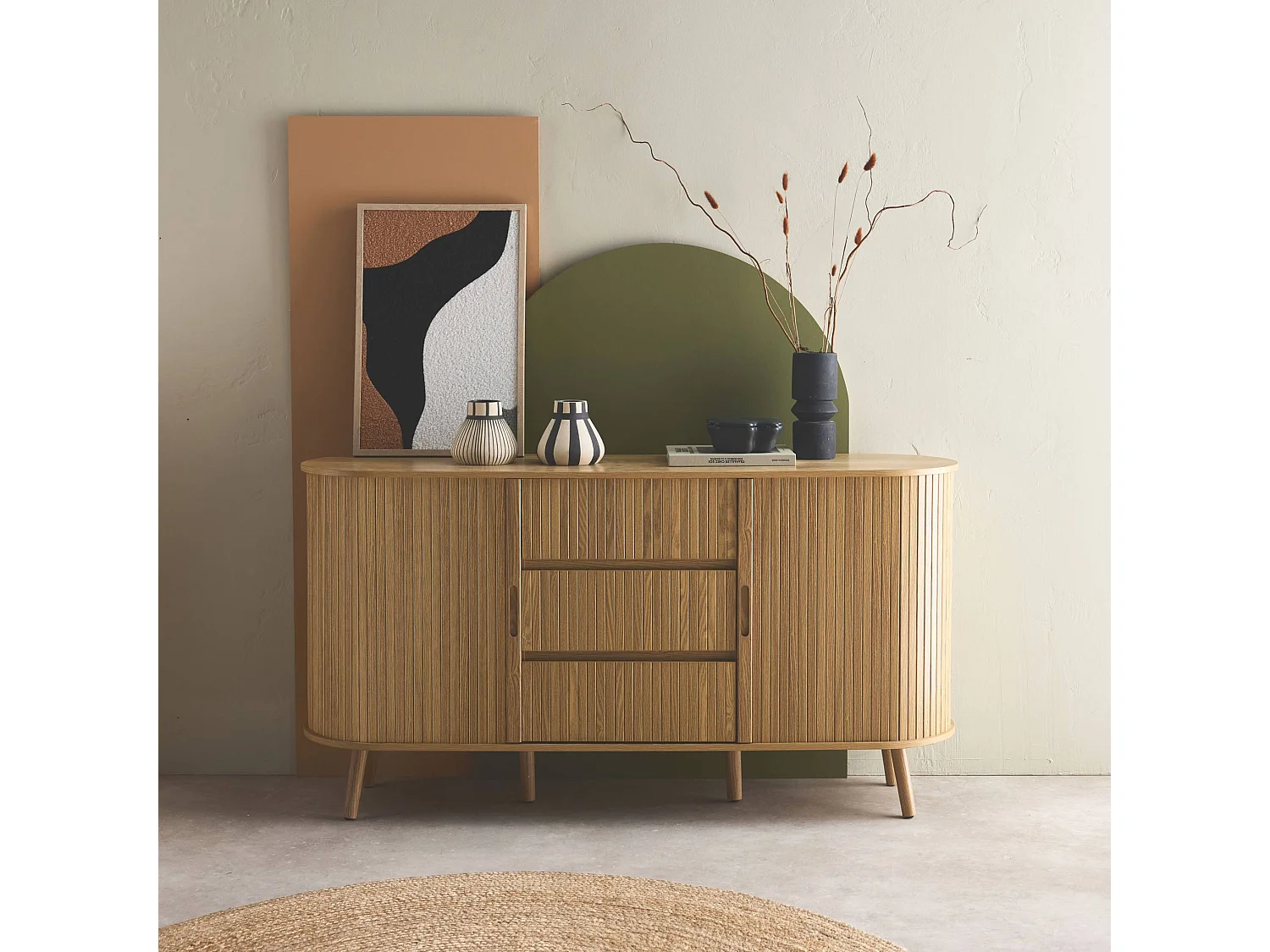Credenza scandinava effetto legno scanalato 2 ante scorrevoli, 150cm,