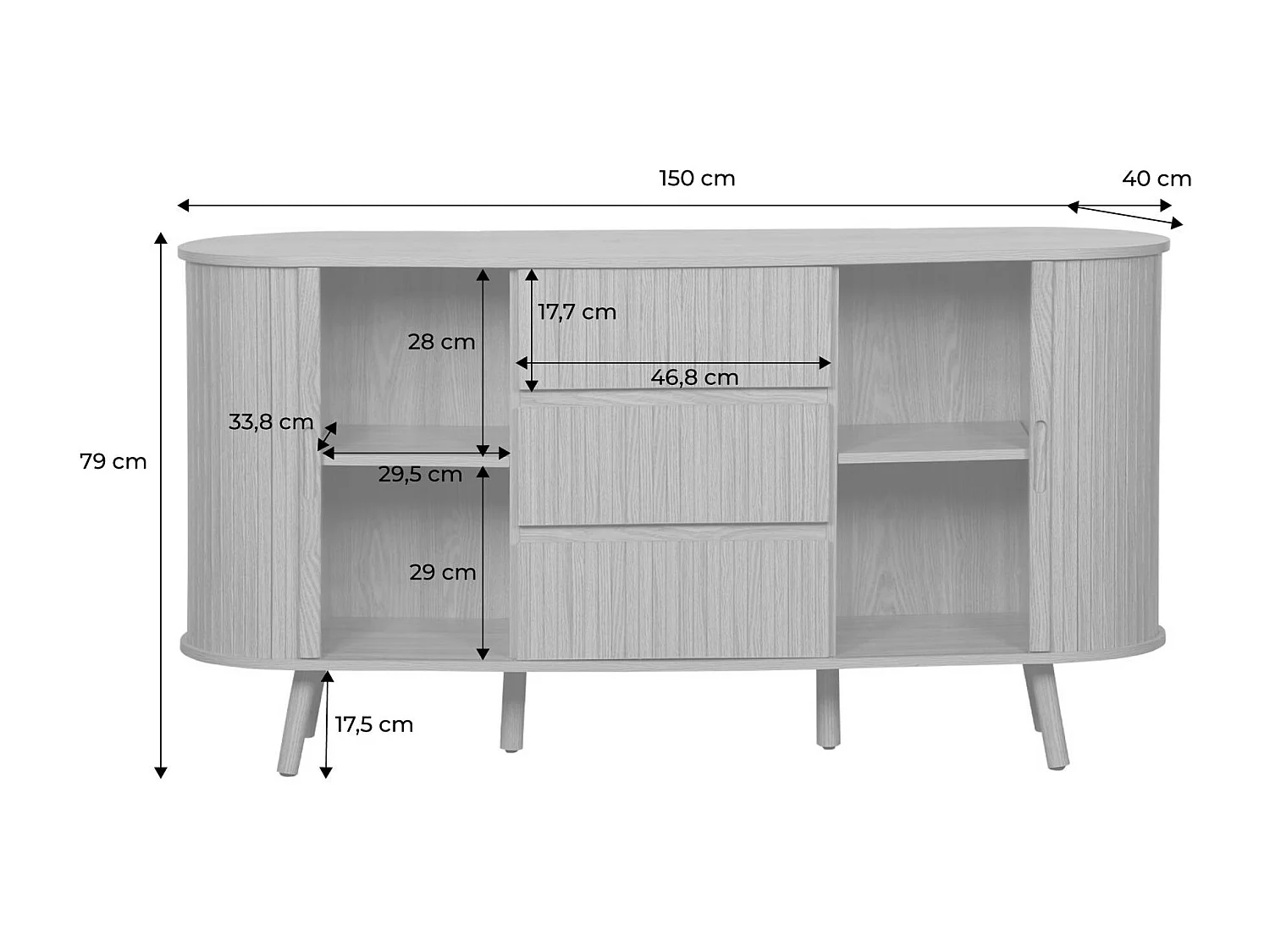 Credenza scandinava effetto legno scanalato 2 ante scorrevoli, 150cm,