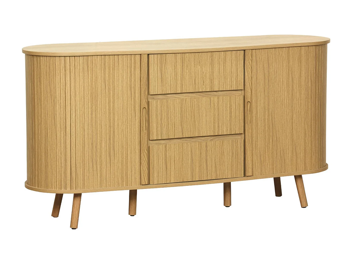 Buffet scandinave ovale 2 portes coulissantes. 4 compartiments. 3 tiroirs. décor bois rainuré. teinte naturelle. L 150 x P 40 x H 79cm