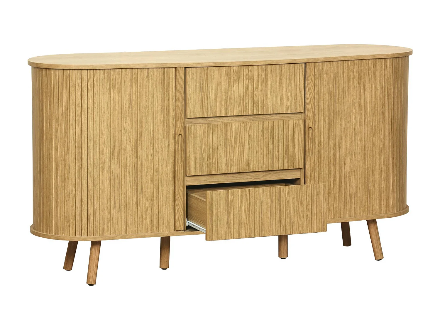 Buffet scandinave ovale 2 portes coulissantes. 4 compartiments. 3 tiroirs. décor bois rainuré. teinte naturelle. L 150 x P 40 x H 79cm