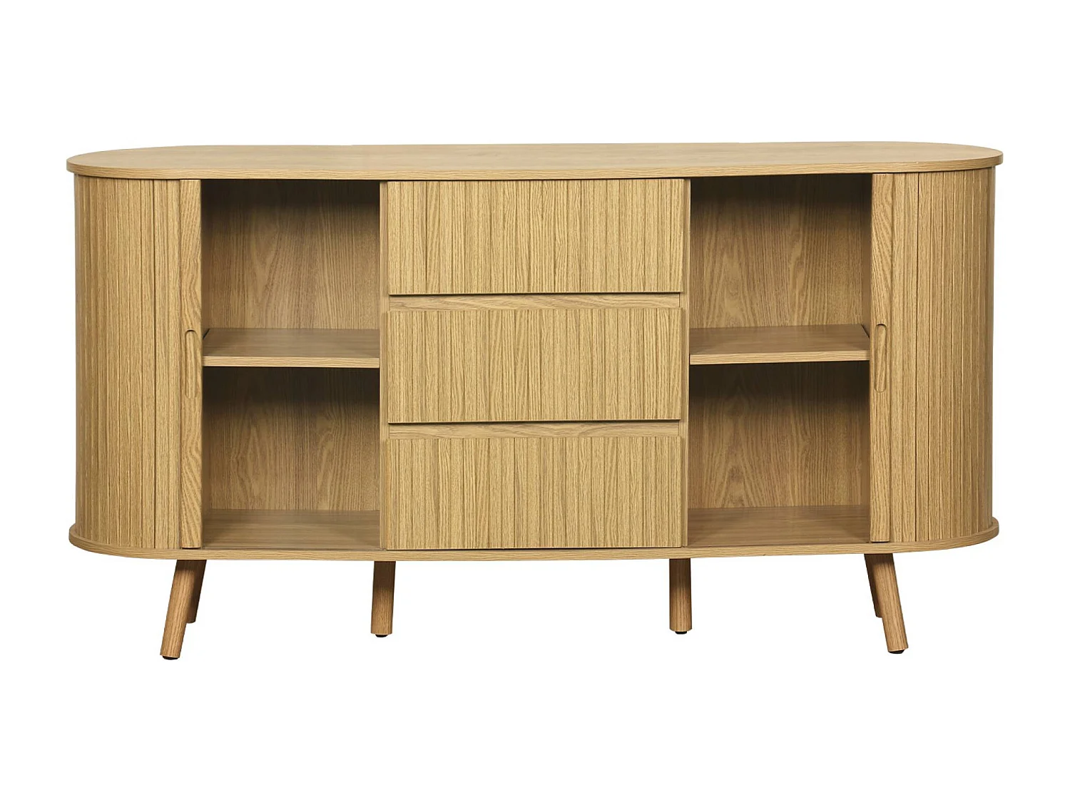 Buffet scandinave ovale 2 portes coulissantes. 4 compartiments. 3 tiroirs. décor bois rainuré. teinte naturelle. L 150 x P 40 x H 79cm