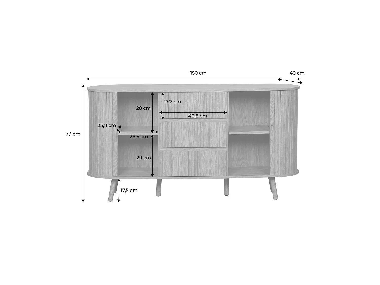 Credenza scandinava effetto legno scanalato 2 ante scorrevoli, 150cm,