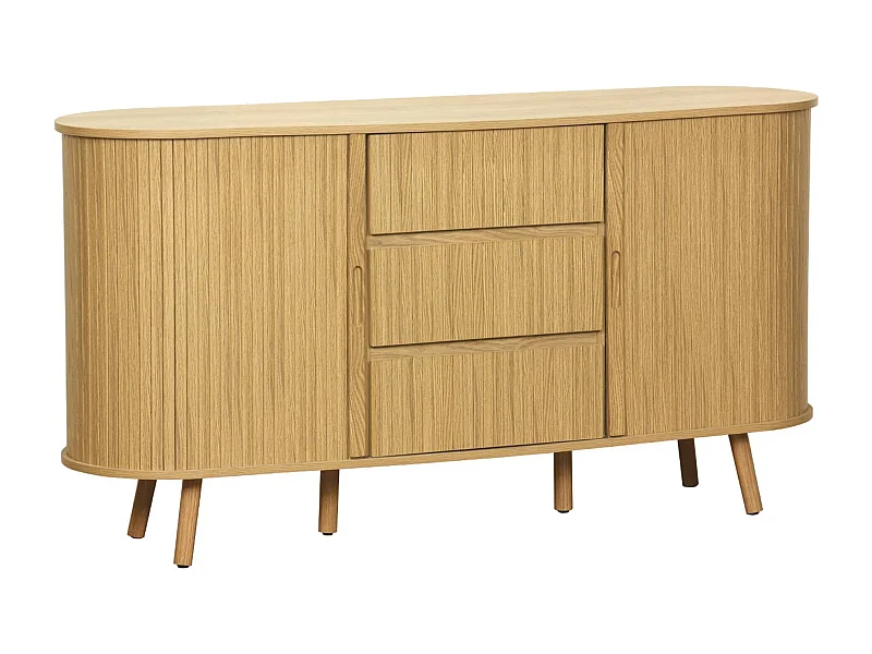 Buffet scandinave ovale 2 portes coulissantes. 4 compartiments. 3 tiroirs. décor bois rainuré. teinte naturelle. L 150 x P 40 x H 79cm