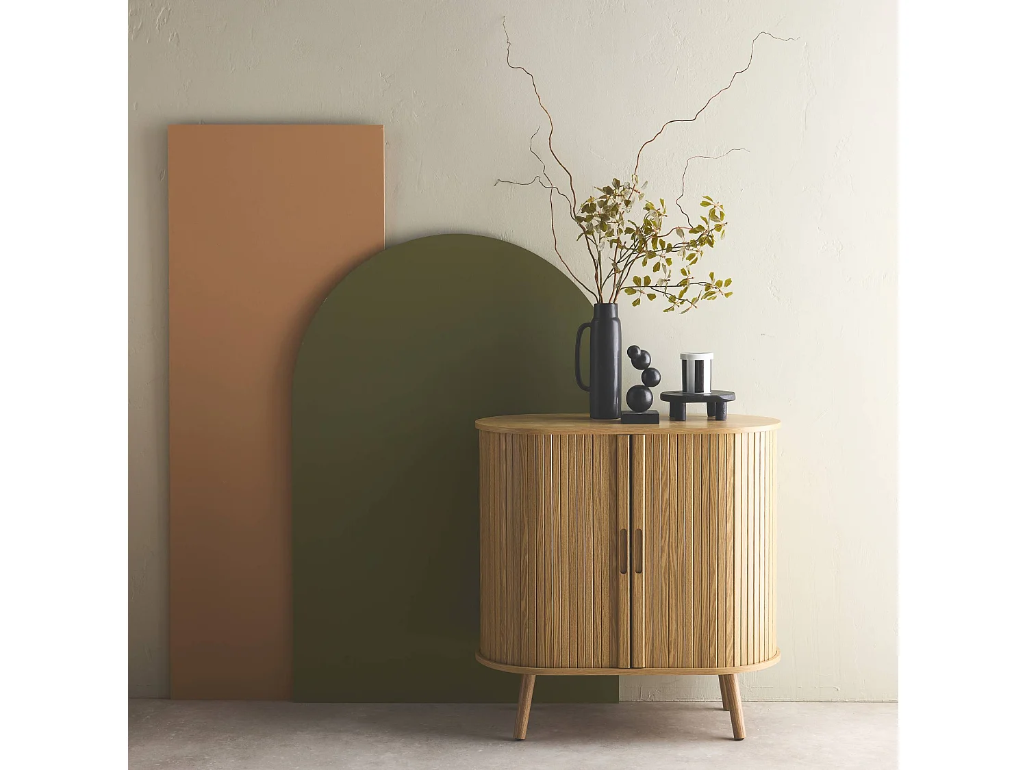 Credenza con ante scorrevoli e ripiano, marrone naturale