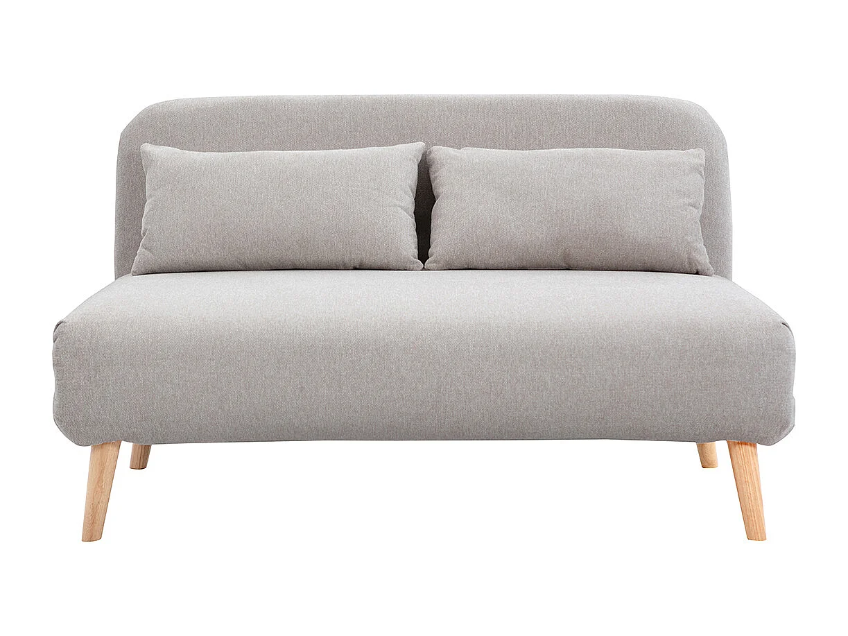 Zweisitzer-Schlafsofa aus beigem Textur-Veloursstoff und hellem Holz AMIKO