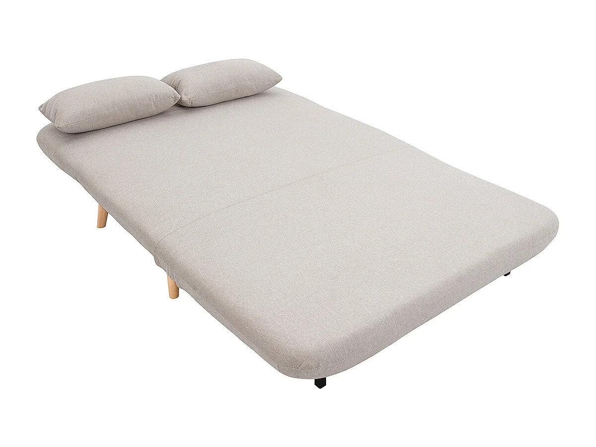 Zweisitzer-Schlafsofa aus beigem Textur-Veloursstoff und hellem Holz AMIKO