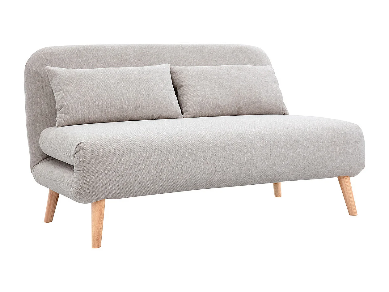 Chauffeuse 2 places convertible en tissu effet velours texturé beige et bois clair AMIKO