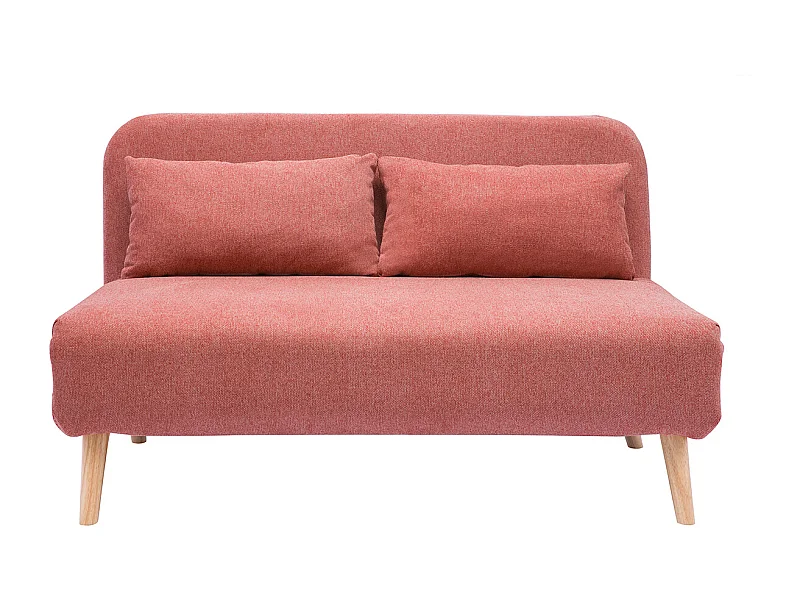 Zweisitzer-Schlafsofa aus terrakotta-farbenem samtigem Strukturstoff und hellem Holz AMIKO