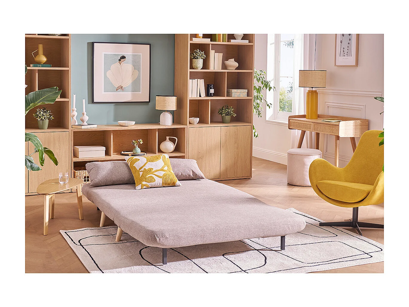 Sillón cama de 2 plazas convertible de tela de terciopelo terracota y madera clara AMIKO