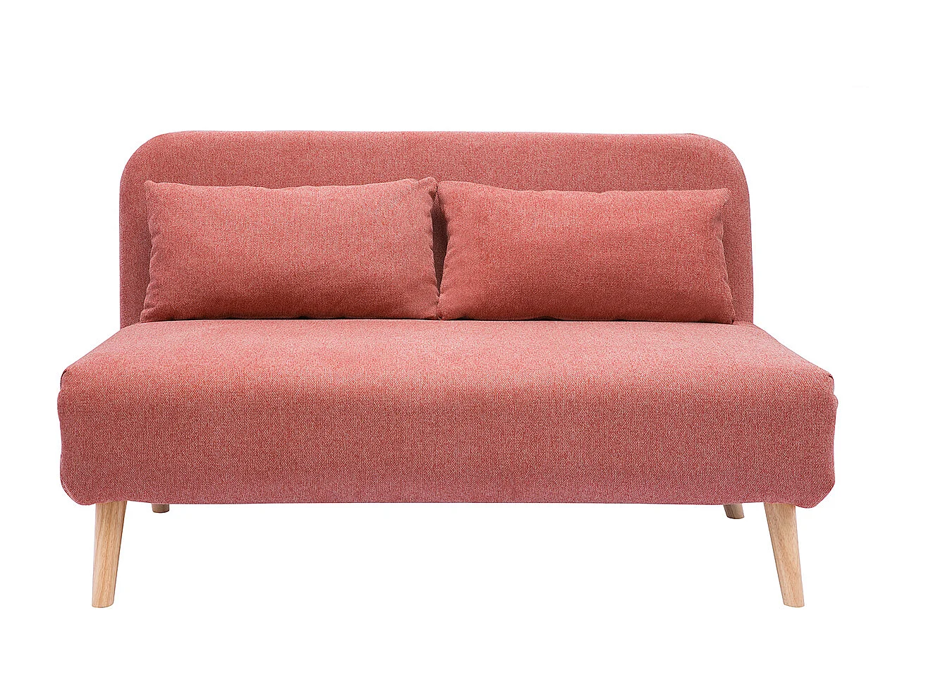 Zweisitzer-Schlafsofa aus terrakotta-farbenem samtigem Strukturstoff und hellem Holz AMIKO