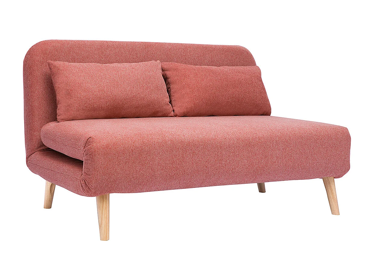 Zweisitzer-Schlafsofa aus terrakotta-farbenem samtigem Strukturstoff und hellem Holz AMIKO